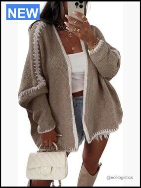 Open Front Color Block Cardigan Sweater Chunky Knit Oversized